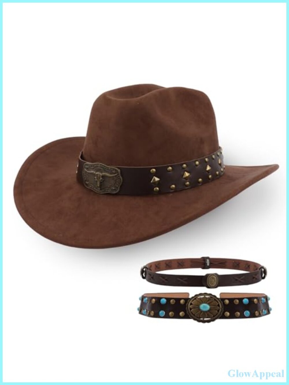 Cowboy Hat Unisex Wide Brim with 3 Interchangeable Decorative Buckle Bands